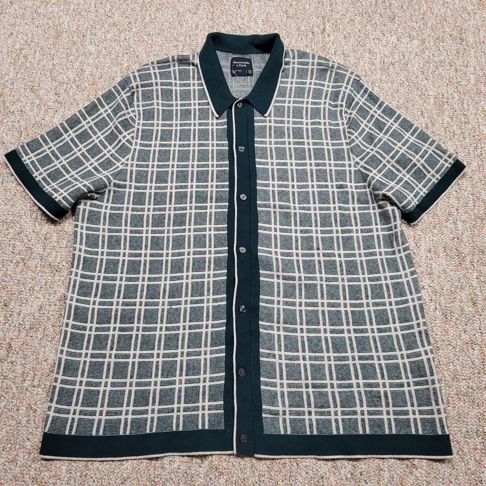 Abercrombie & Fitch Sweater‎ Mens 2XL Green Tipped Plaid Button Through Casual